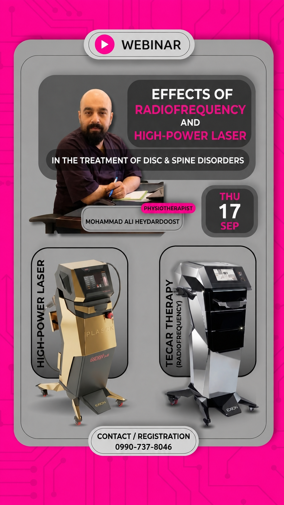 English webinar poster: TECAR and High-Power Laser Therapy, Mohammad Ali Heidardoost, 17 September 2026